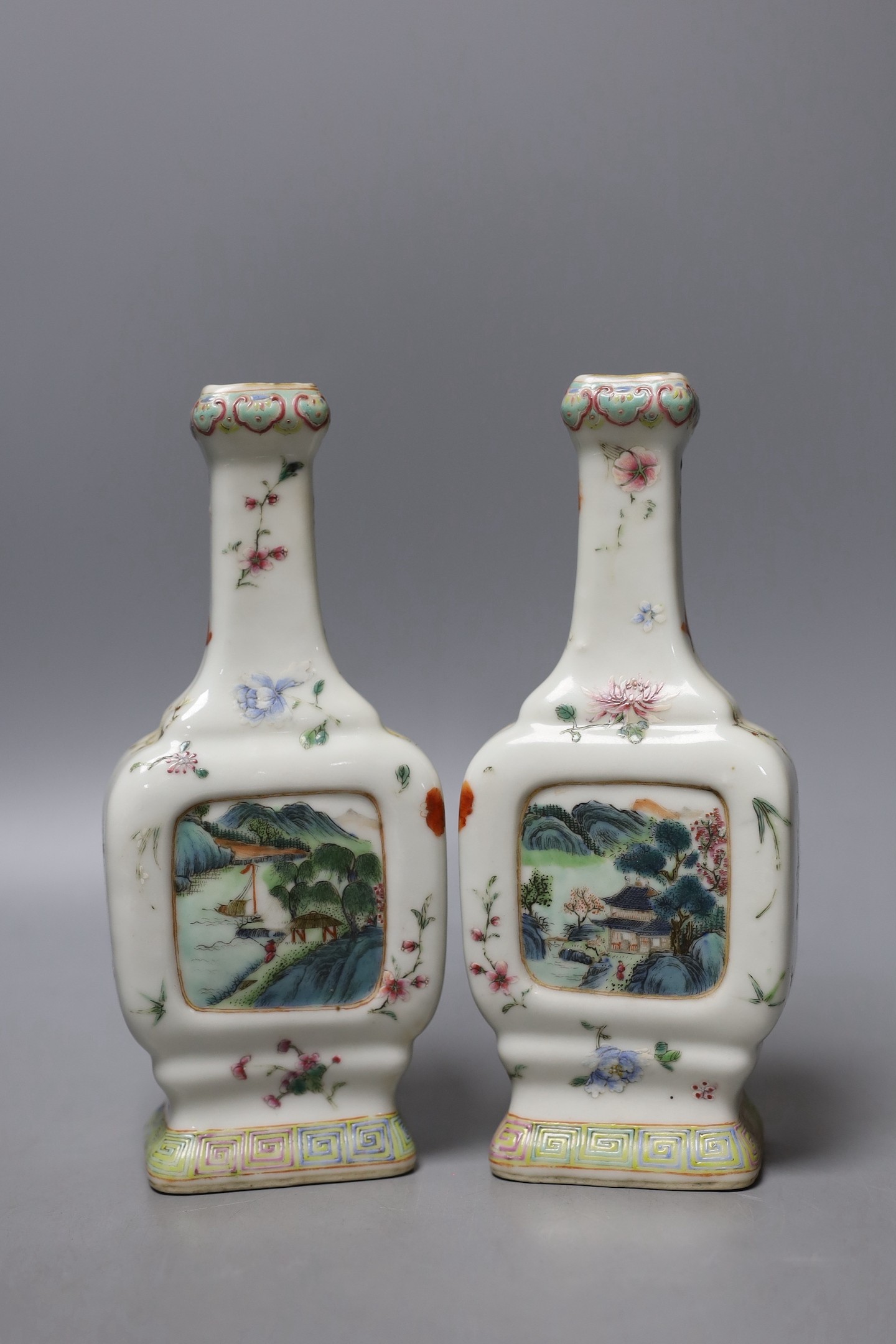 A pair of Chinese famille rose bottle vases, Qianlong marks, Republic period, 19cm tall